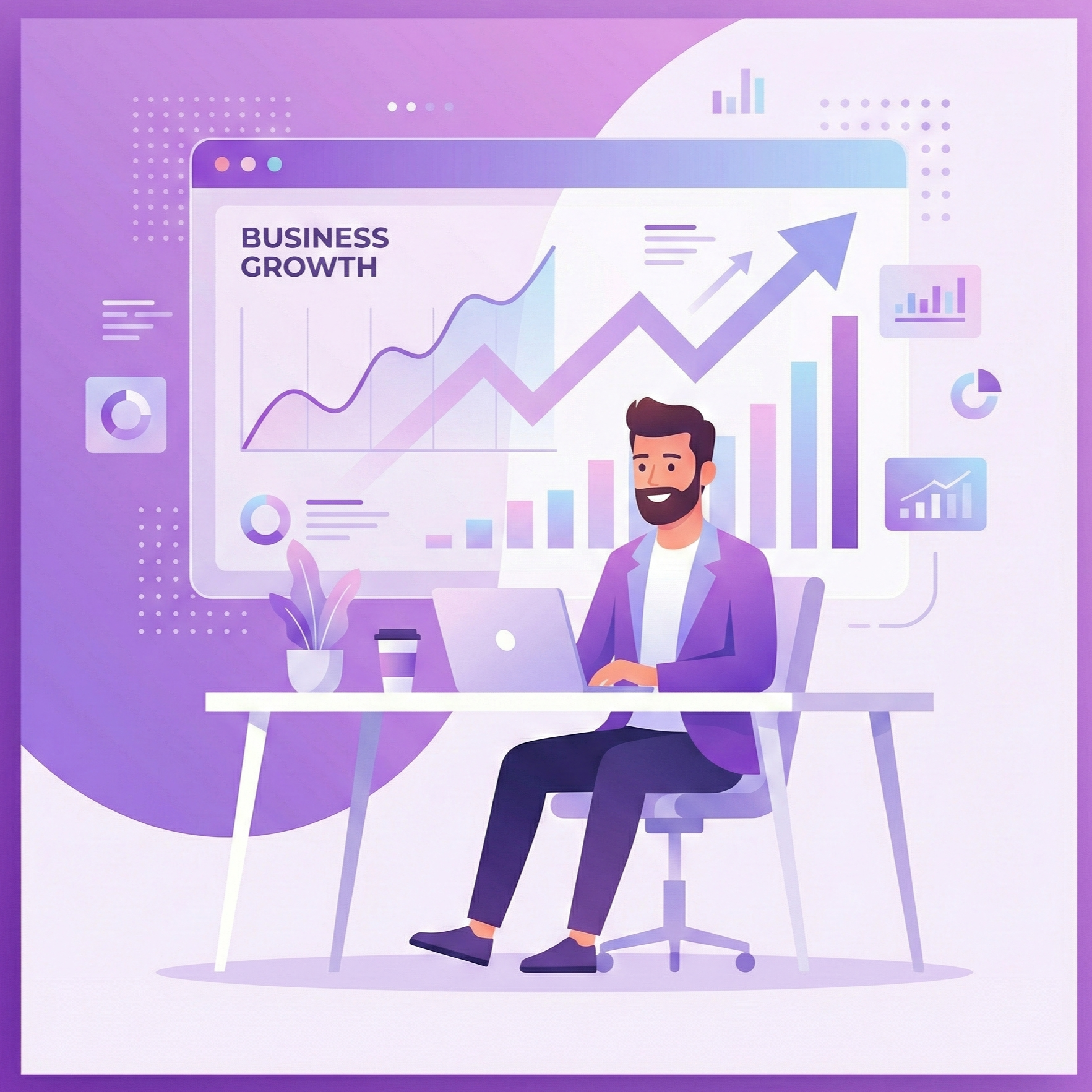 Business growth illustration showing professional analyzing digital marketing analytics and rising performance graphs on laptop.